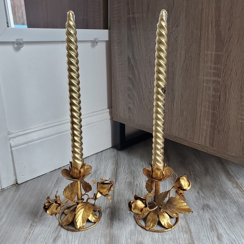 Hollywood Regency Italian Gilded Tole Candlesticks Candle Holders Set of 2